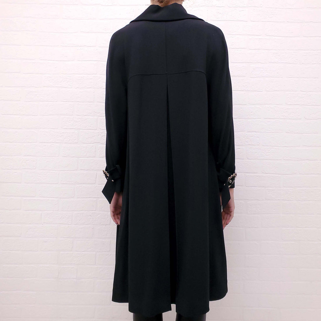 CHANEL BLACK TRENCH COAT WITH GOLD CHAIN DETAIL - SIZE 38