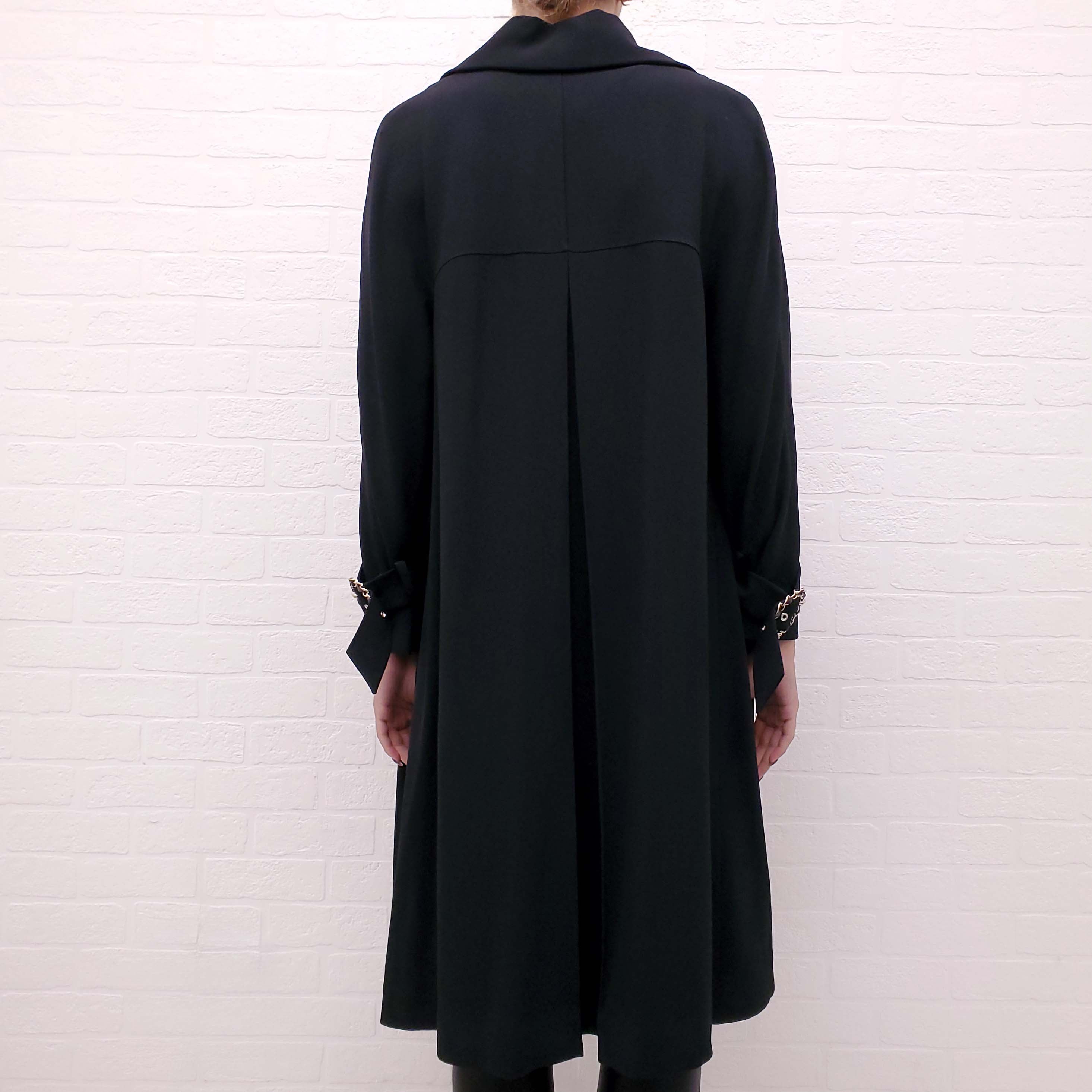 CHANEL BLACK TRENCH COAT WITH GOLD CHAIN DETAIL - SIZE 38