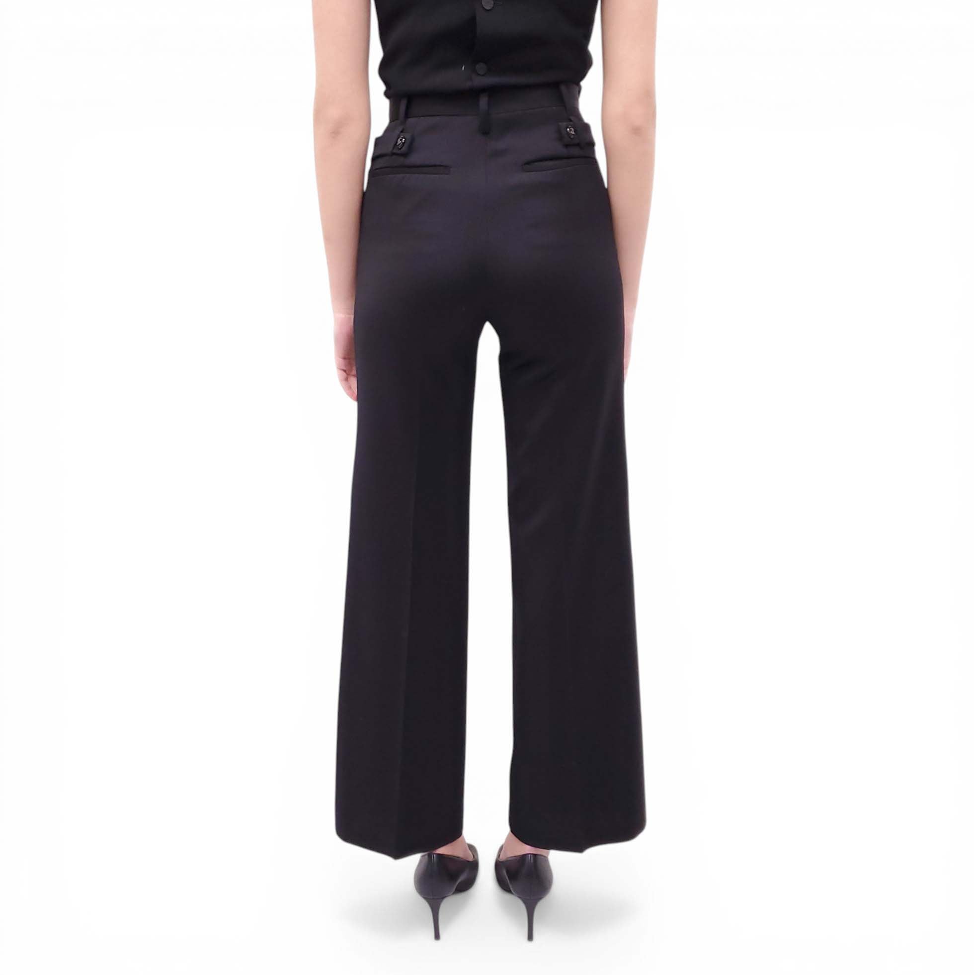 CHANEL BLACK TROUSERS WITH SILVER LOGO BUTTONS - SIZE 36
