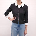 CHANEL BLACK TWEED JACKET WITH CREAM COLLAR - SIZE 38