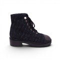 CHANEL BLACK TWEED MOTO BOOTS WITH CC LOGO AND PEARL - SIZE 37