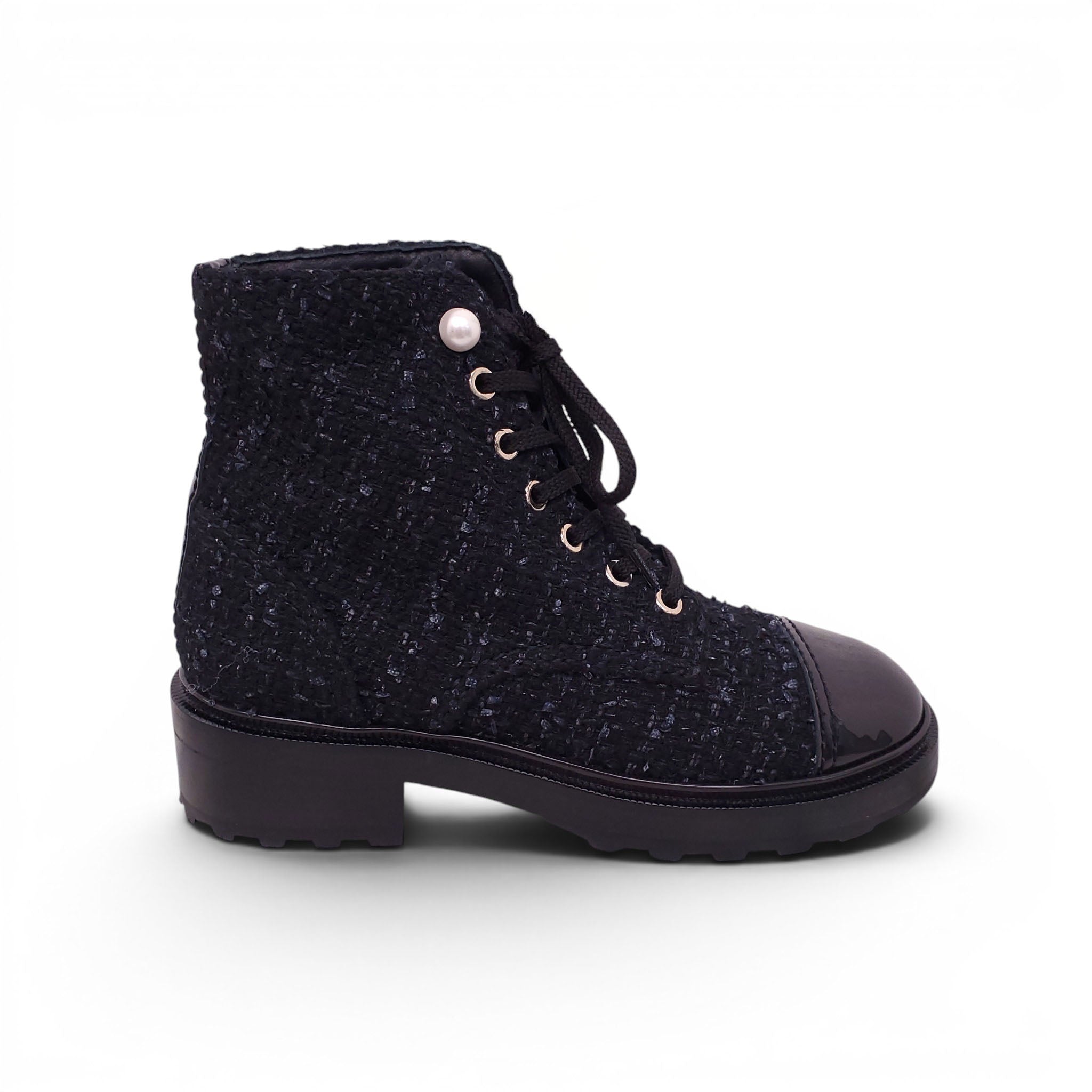 CHANEL BLACK TWEED MOTO BOOTS WITH CC LOGO AND PEARL - SIZE 37
