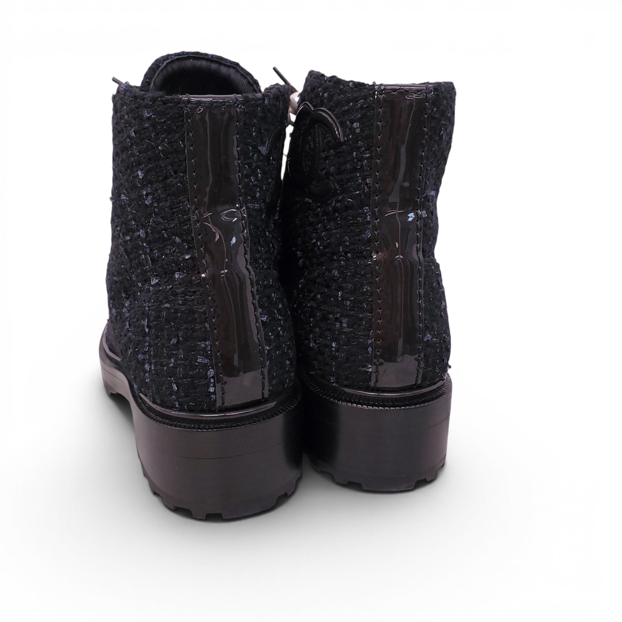 CHANEL BLACK TWEED MOTO BOOTS WITH CC LOGO AND PEARL - SIZE 37