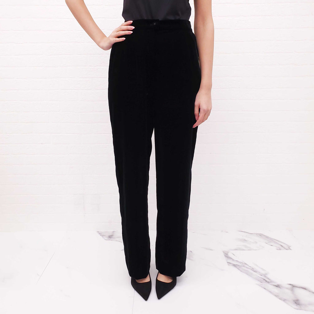 CHANEL BLACK VELVET TROUSERS WITH LOGO BUTTON - SIZE 42
