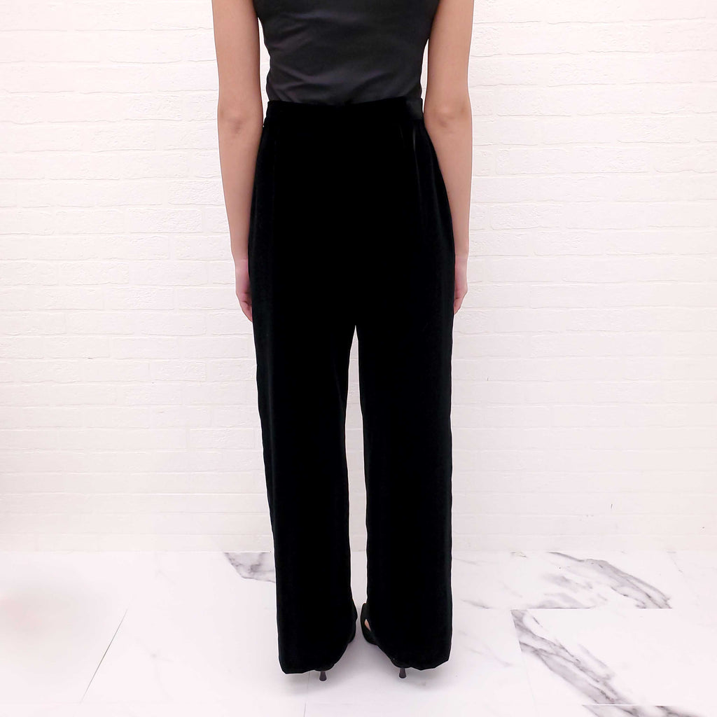 CHANEL BLACK VELVET TROUSERS WITH LOGO BUTTON - SIZE 42