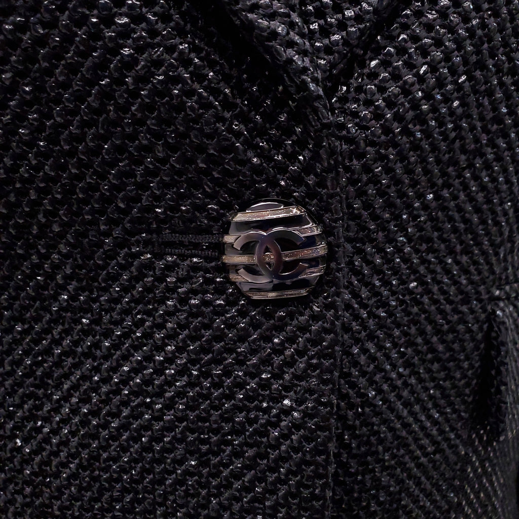 CHANEL BLACK WOVEN JACKET WITH LOGO BUTTONS - SIZE 38