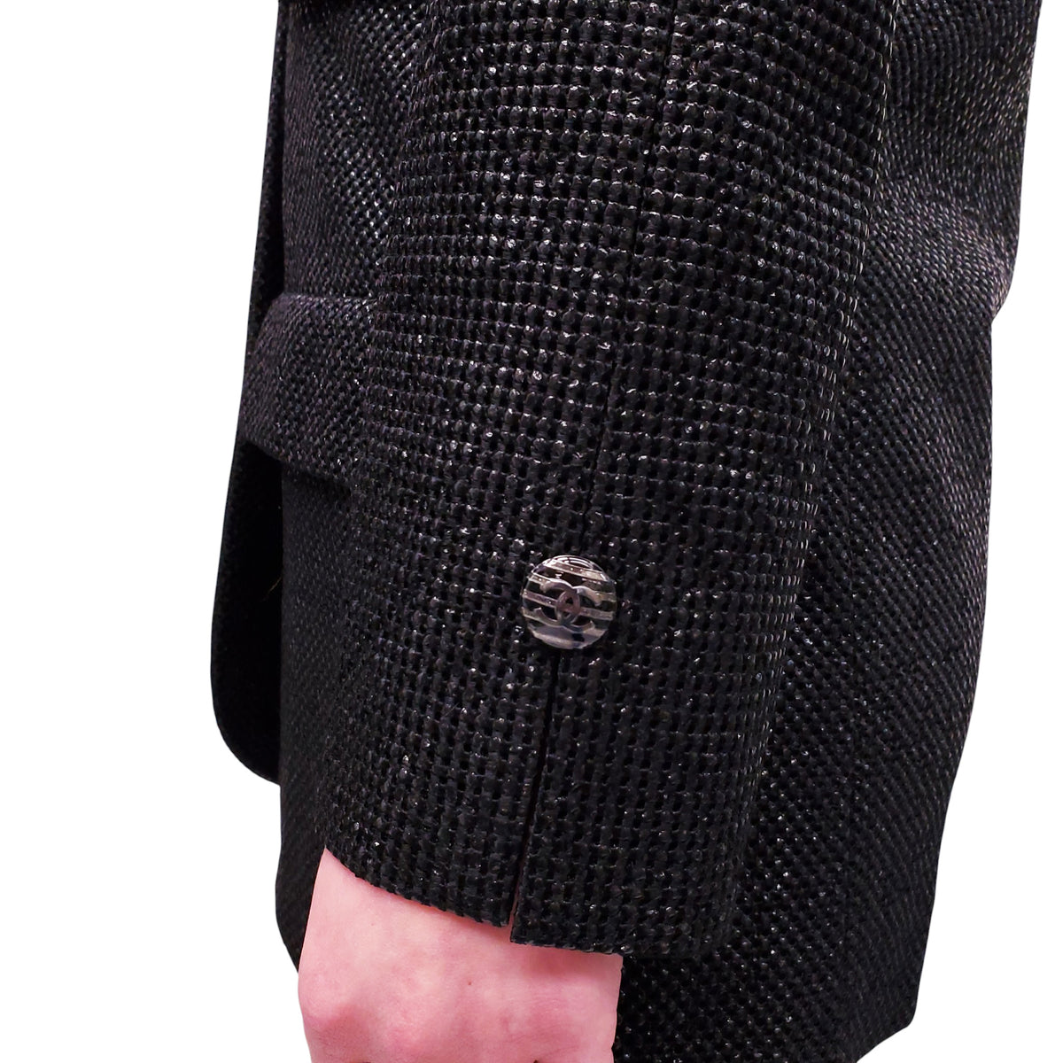 CHANEL BLACK WOVEN JACKET WITH LOGO BUTTONS - SIZE 38