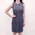 CHANEL BLUE AND SILVER KNIT PATTERNED DRESS WITH LOGO BUTTONS  - SIZE 38