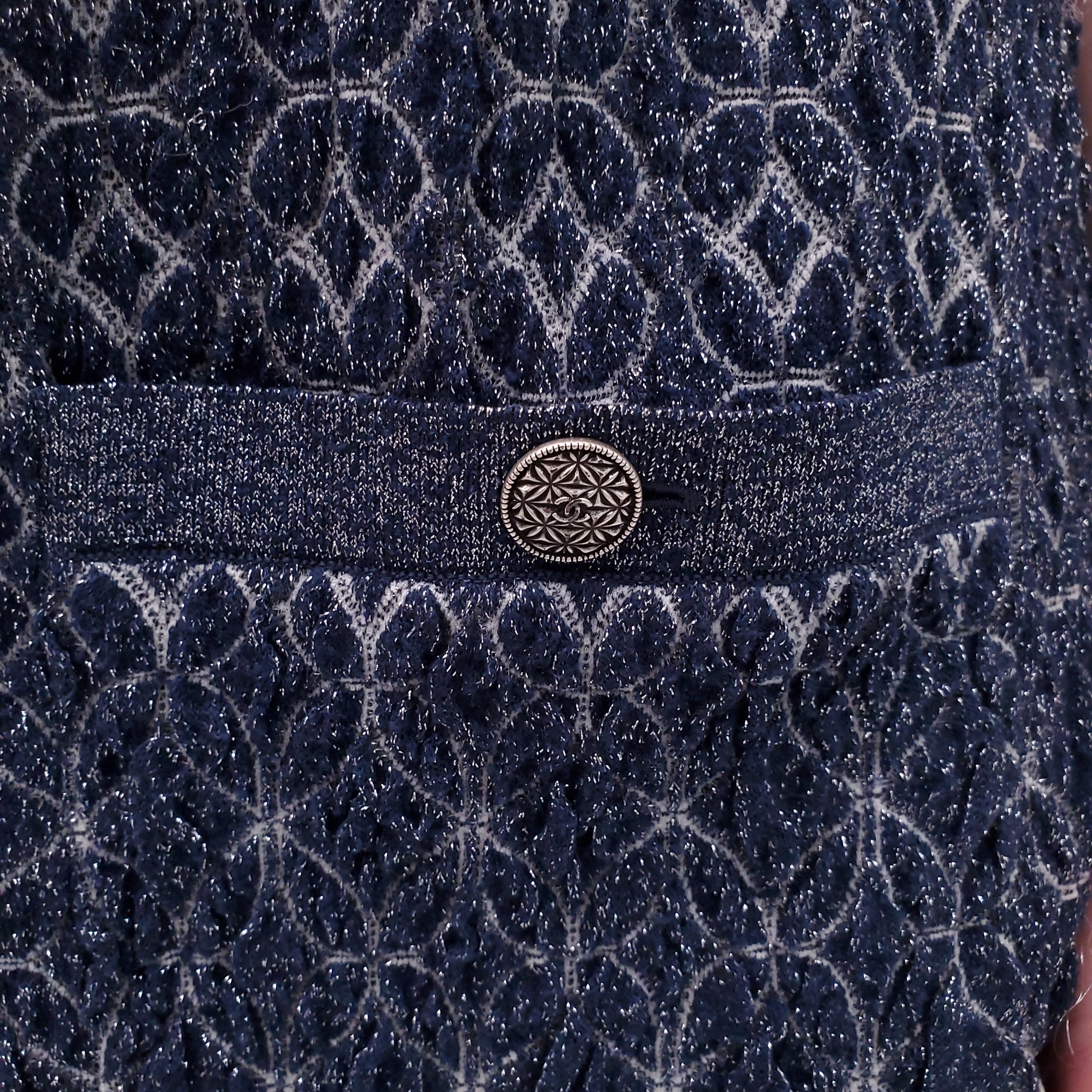 CHANEL BLUE AND SILVER KNIT PATTERNED DRESS WITH LOGO BUTTONS  - SIZE 38