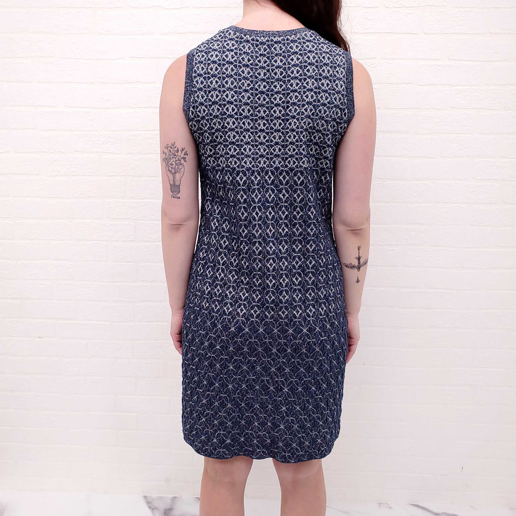 CHANEL BLUE AND SILVER KNIT PATTERNED DRESS WITH LOGO BUTTONS  - SIZE 38