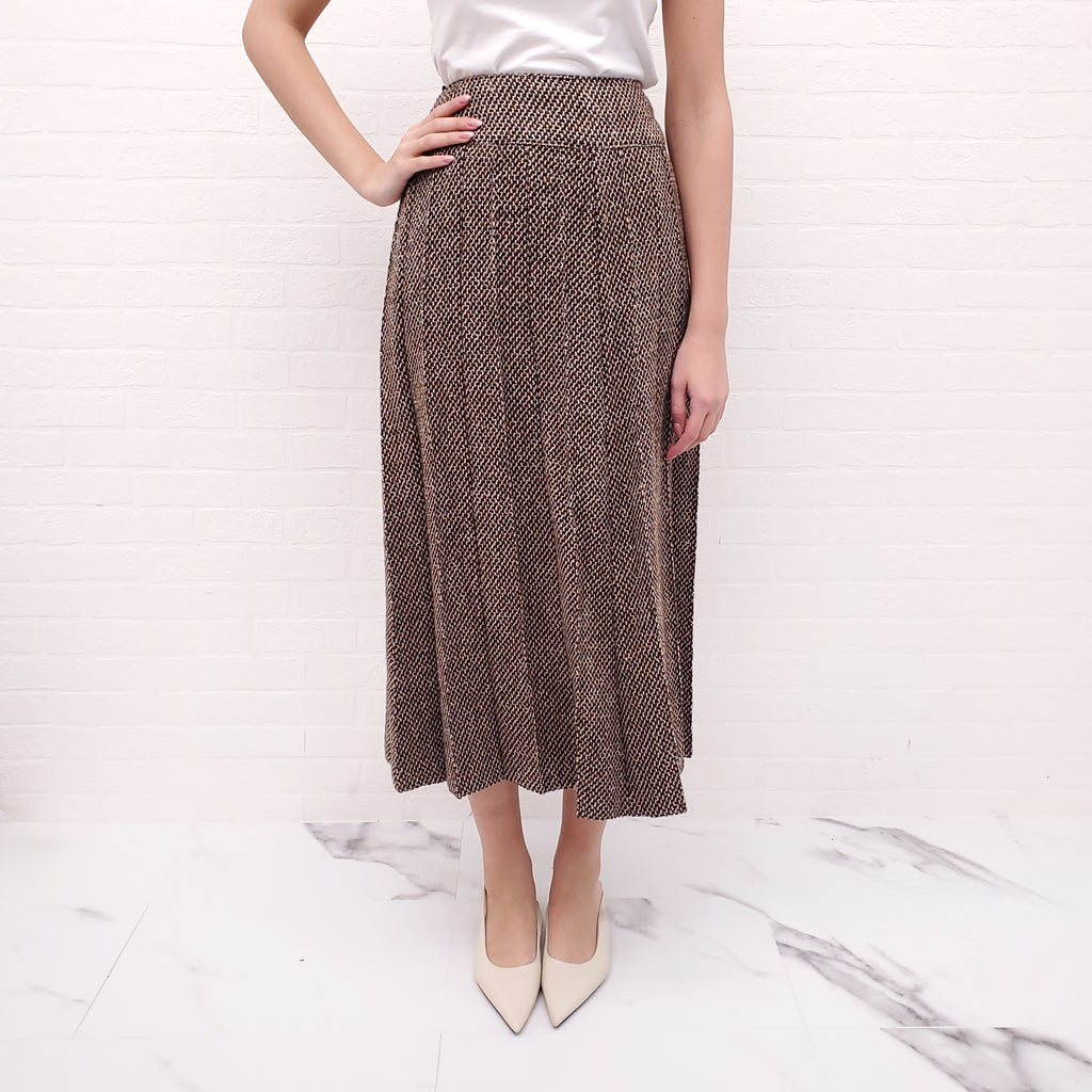 CHANEL BROWN TWEED PLEATED LONG SKIRT - SIZE 42
