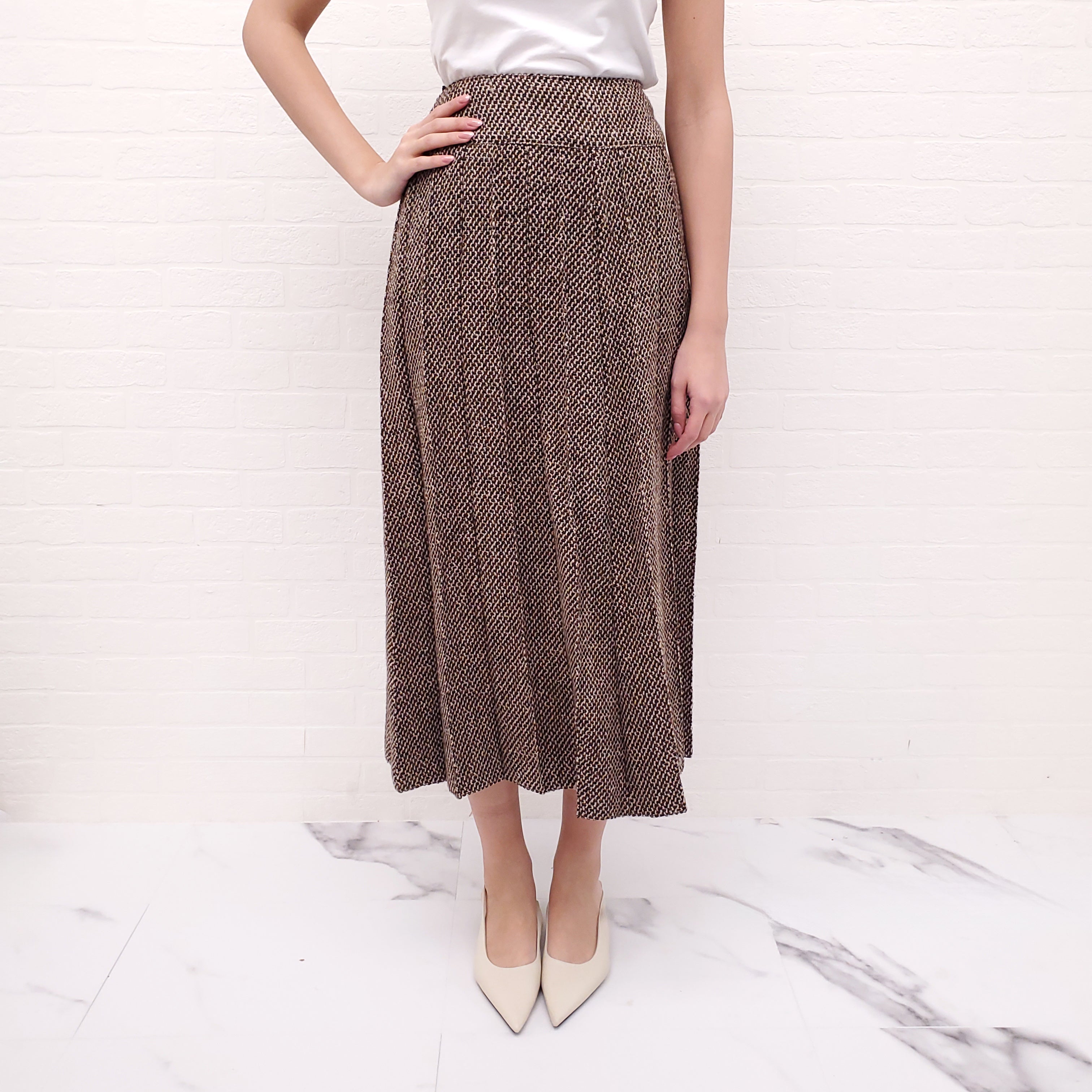 CHANEL BROWN TWEED PLEATED LONG SKIRT - SIZE 42