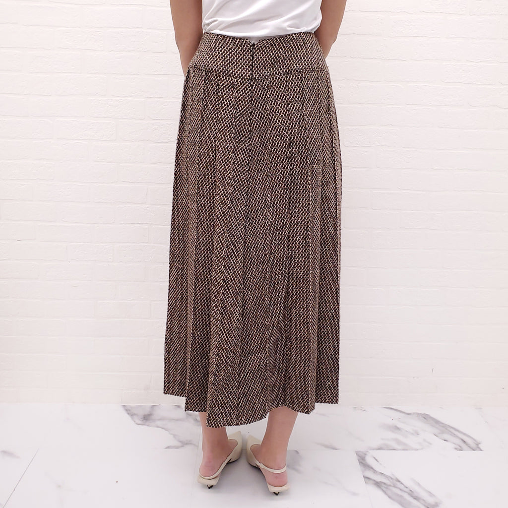 CHANEL BROWN TWEED PLEATED LONG SKIRT - SIZE 42