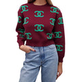 CHANEL BURGUNDY AND GREEN LOCO CROPPED SWEATER - SIZE 36