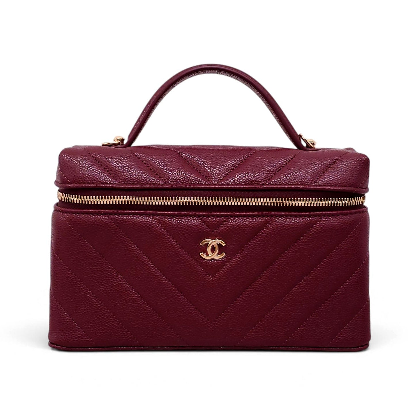 CHANEL BURGUNDY CHEVRON CAVIAR LEATHER SLIM VANITY CASE WITH CHAIN