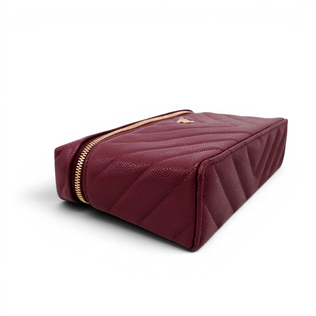 CHANEL BURGUNDY CHEVRON CAVIAR LEATHER SLIM VANITY CASE WITH CHAIN