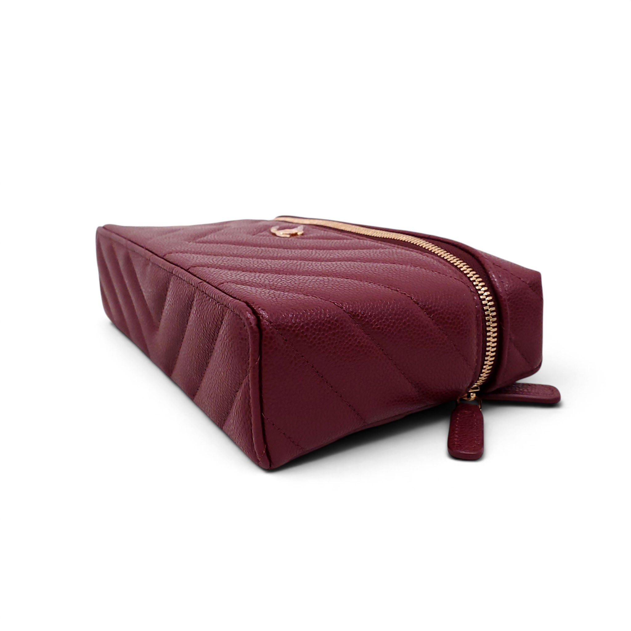CHANEL BURGUNDY CHEVRON CAVIAR LEATHER SLIM VANITY CASE WITH CHAIN