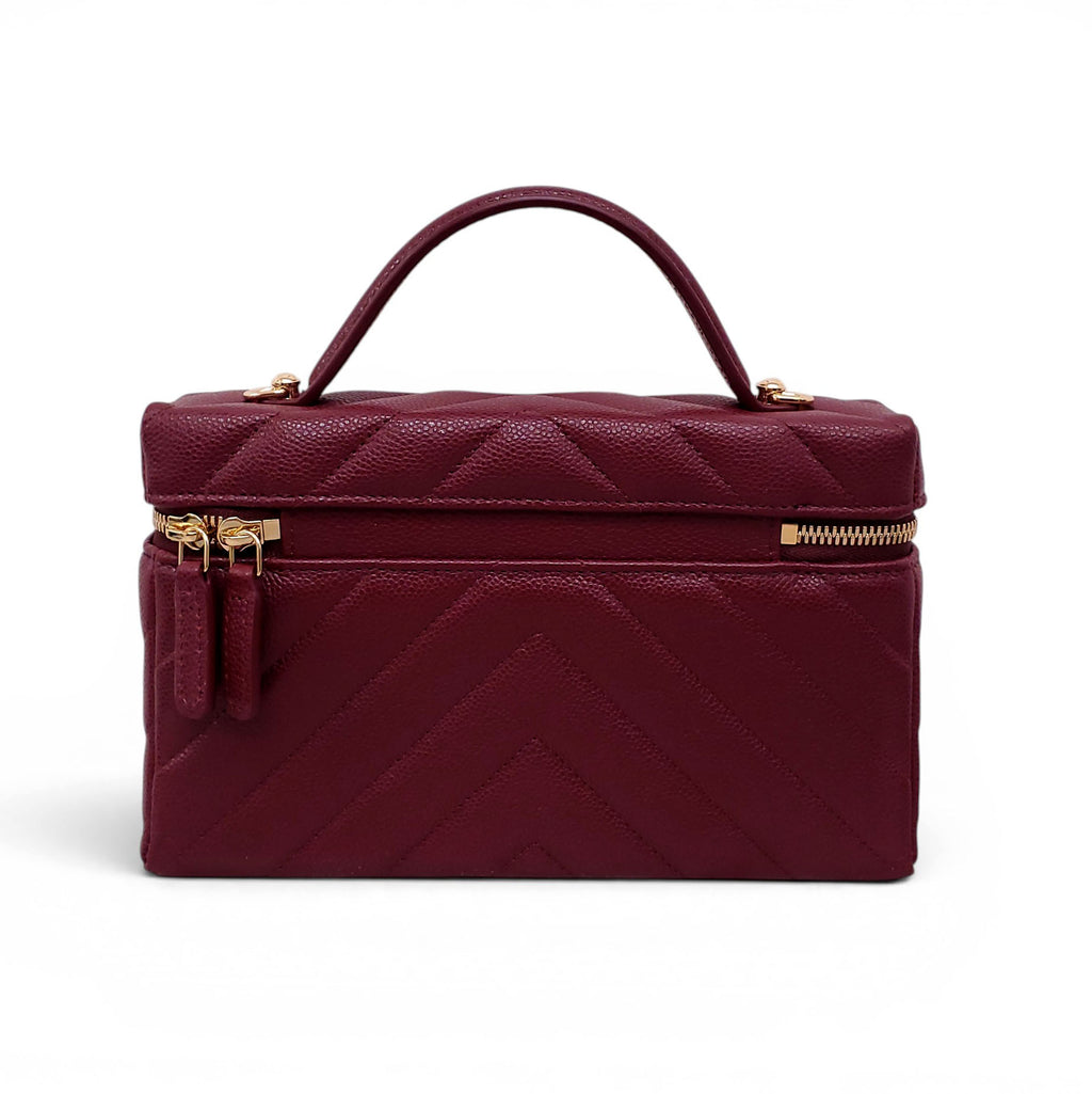 CHANEL BURGUNDY CHEVRON CAVIAR LEATHER SLIM VANITY CASE WITH CHAIN