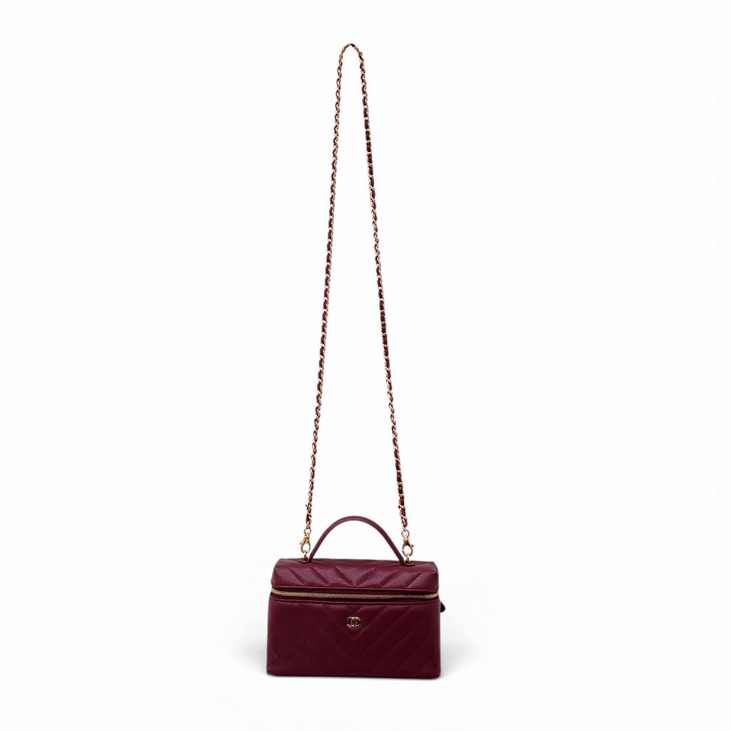 CHANEL BURGUNDY CHEVRON CAVIAR LEATHER SLIM VANITY CASE WITH CHAIN