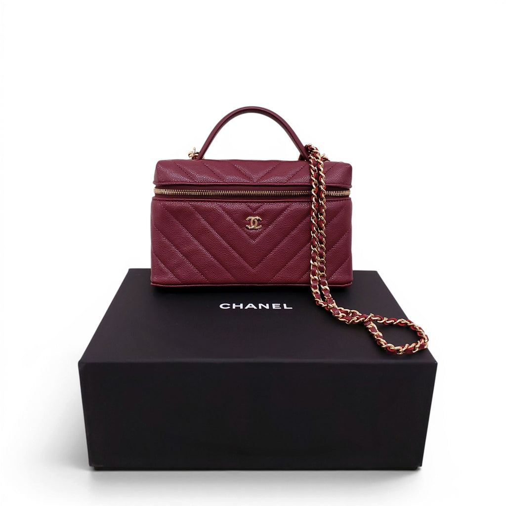 CHANEL BURGUNDY CHEVRON CAVIAR LEATHER SLIM VANITY CASE WITH CHAIN