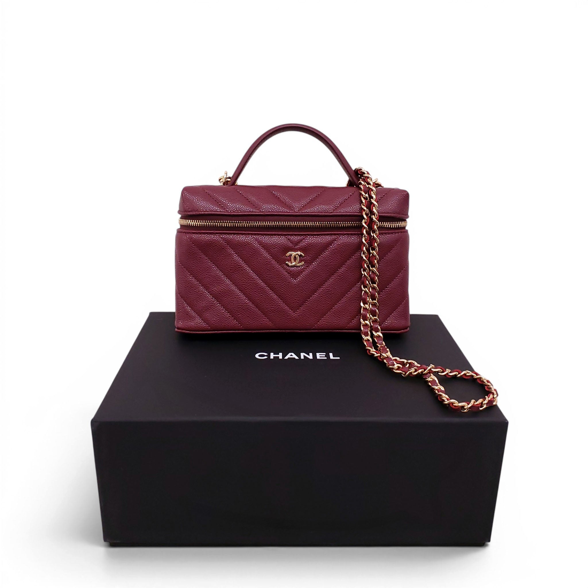 CHANEL BURGUNDY CHEVRON CAVIAR LEATHER SLIM VANITY CASE WITH CHAIN