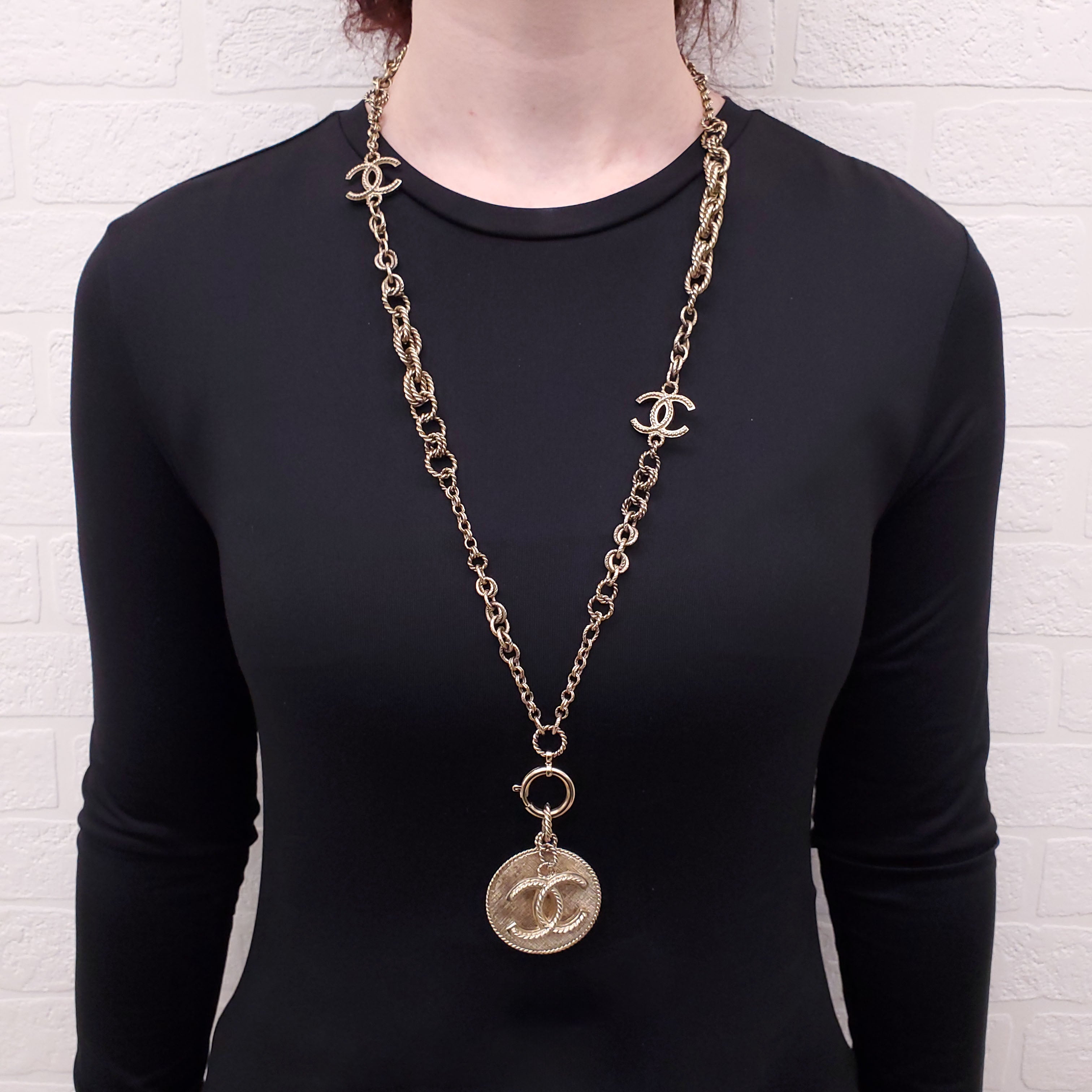 CHANEL CC LOGO AND MEDALLION BRONZE NECKLACE