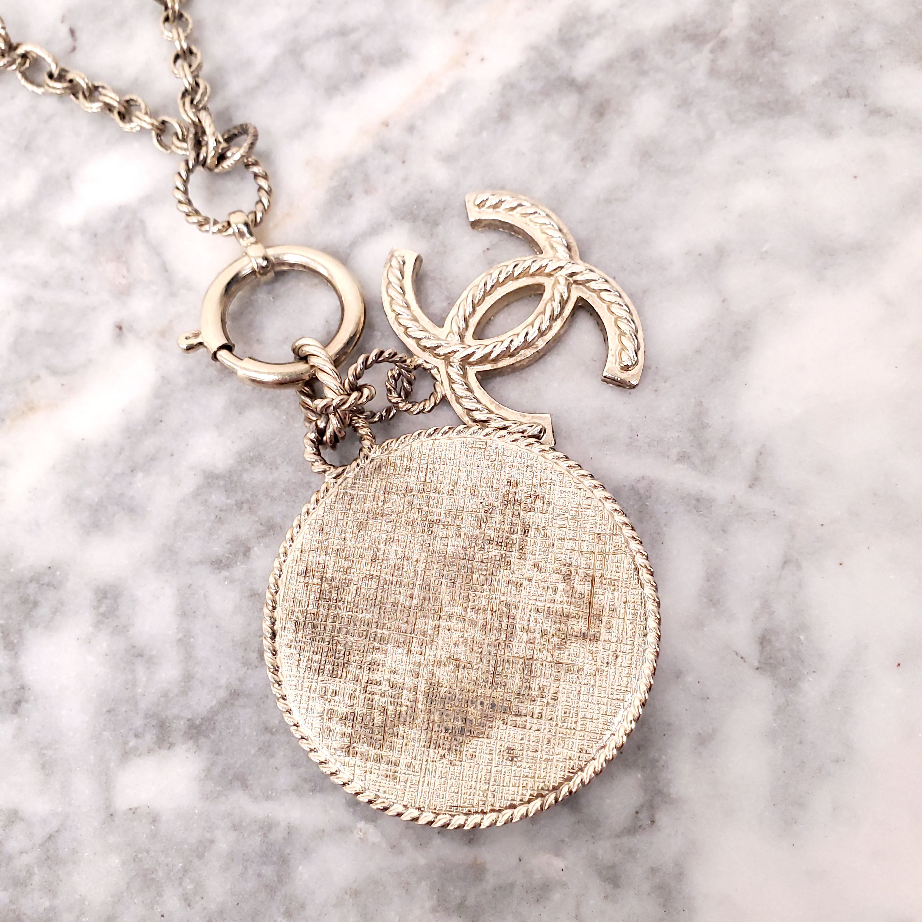CHANEL CC LOGO AND MEDALLION BRONZE NECKLACE