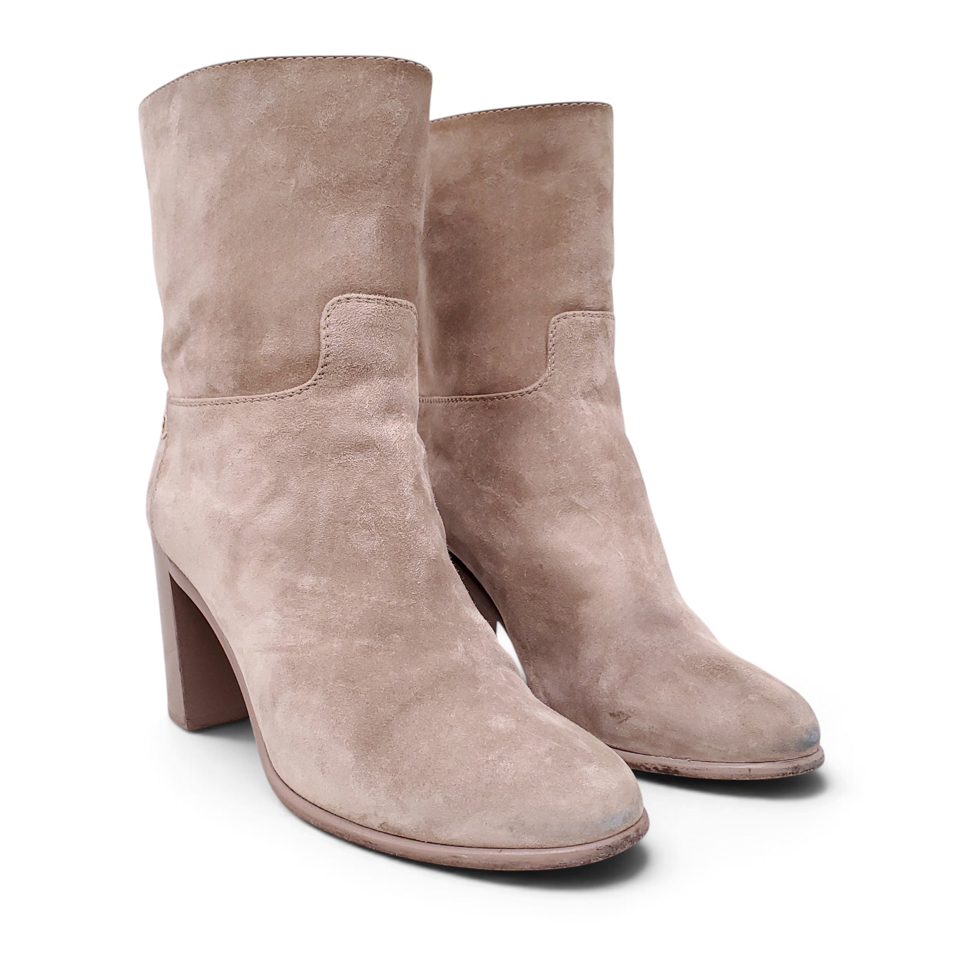 CHANEL CC SUEDE BEIGE BOOTIES - SIZE 39C
