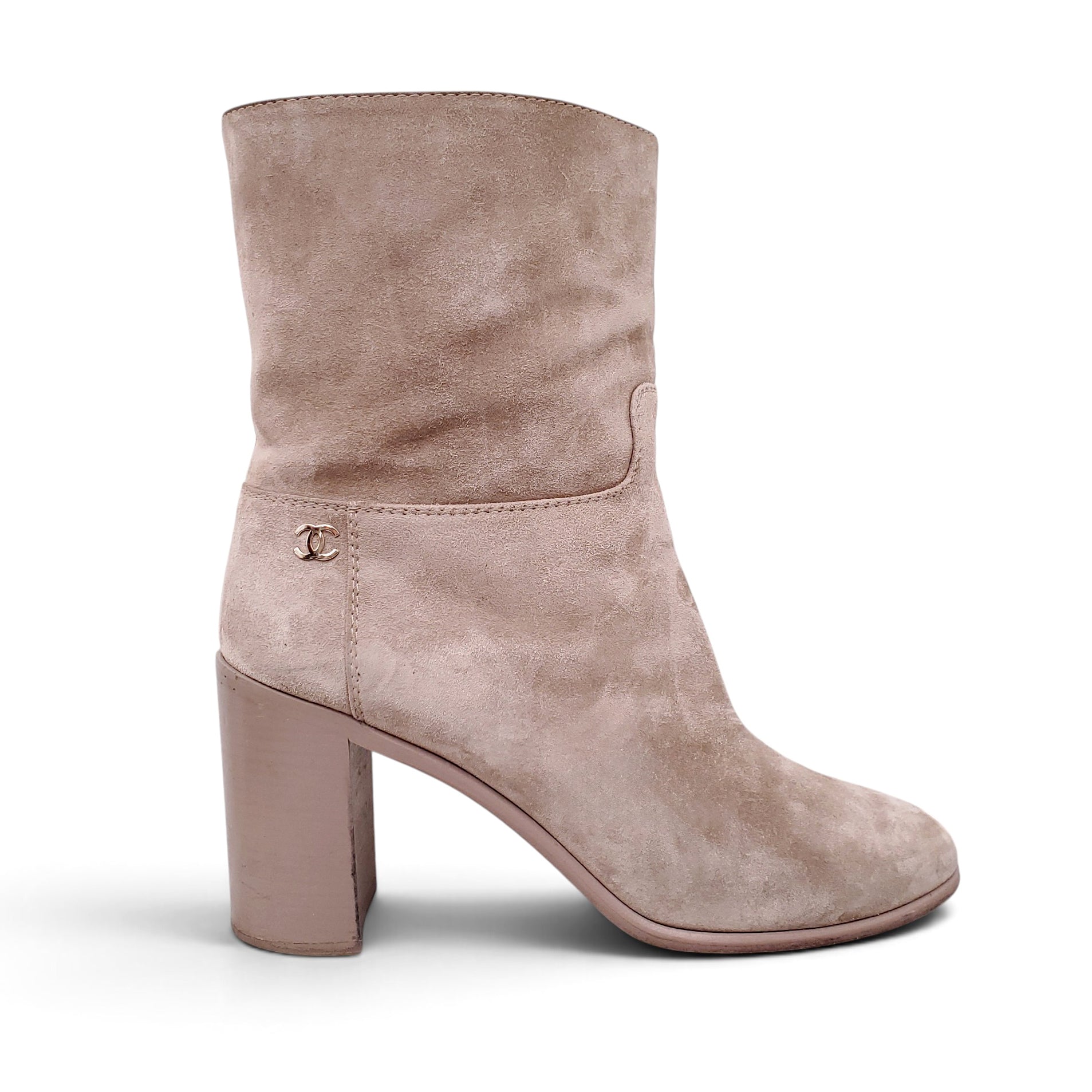 CHANEL CC SUEDE BEIGE BOOTIES - SIZE 39C