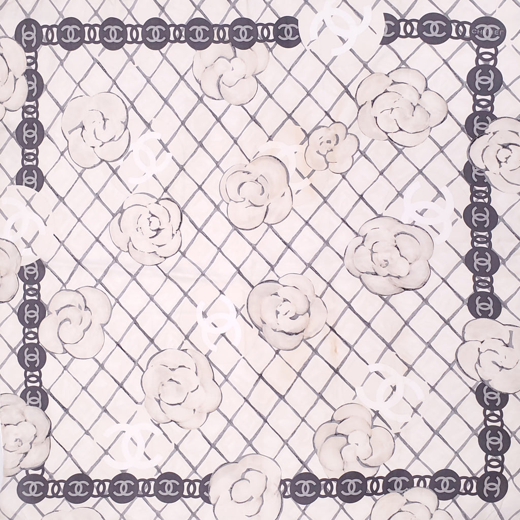 CHANEL CREAM CAMÉLIA LOGO SILK SCARF