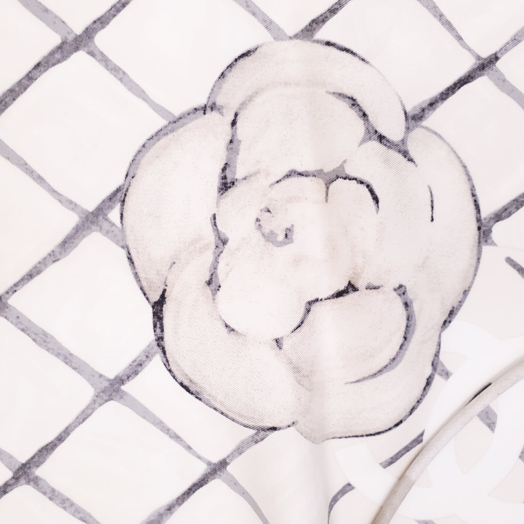 CHANEL CREAM CAMÉLIA LOGO SILK SCARF