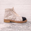CHANEL CREAM FLORAL BLACK CAP TOE ANKLE BOOT - SIZE 39