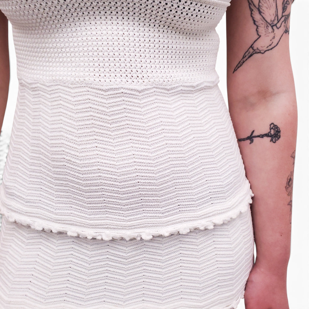 CHANEL CREAM RUFFLE CHEVRON KNIT DRESS WITH LOGO BUTTONS  - SIZE 36
