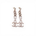 CHANEL CRYSTAL AND PEARL CC LOGO DROP EARRINGS