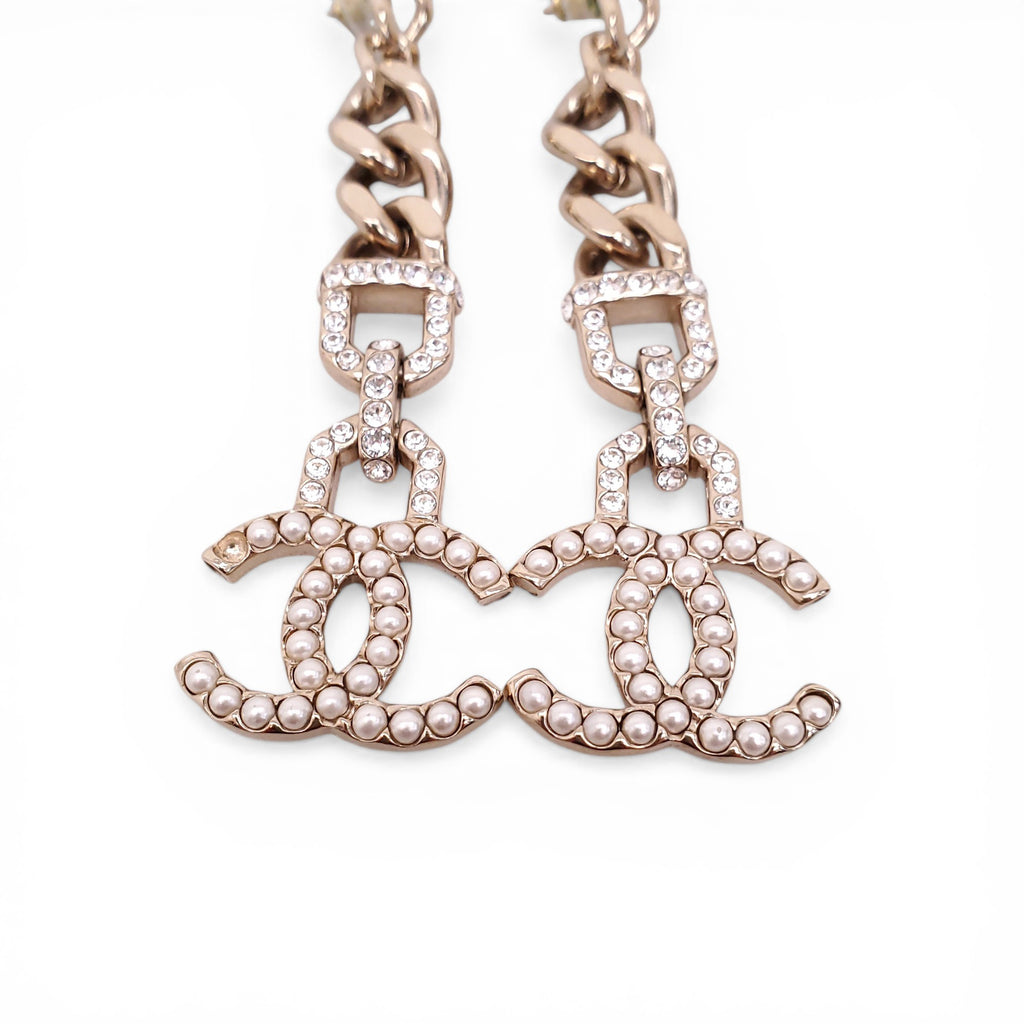 CHANEL CRYSTAL AND PEARL CC LOGO DROP EARRINGS