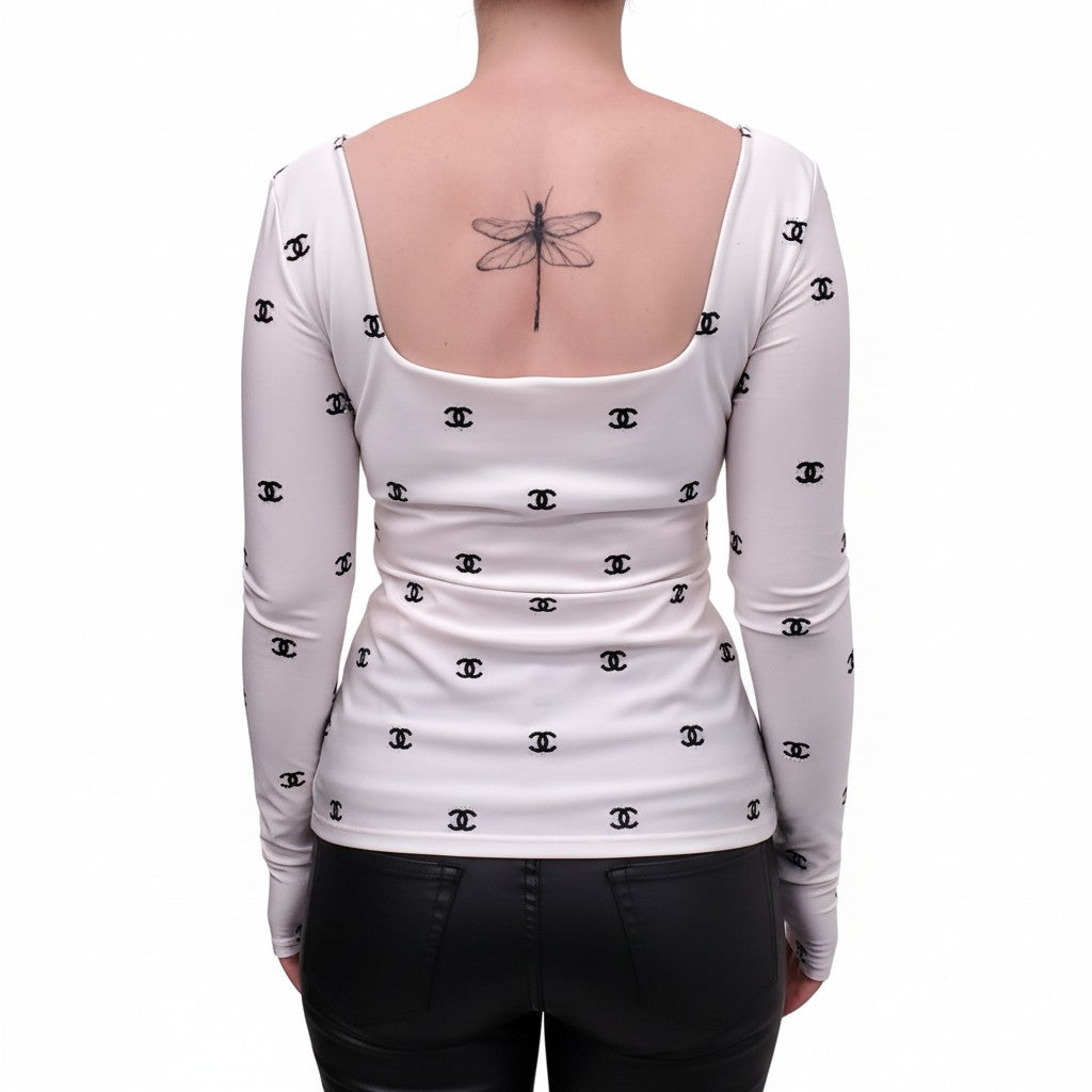 CHANEL BLACK AND SILVER METALLIC LOGO CC LONG SLEEVE - SIZE 38
