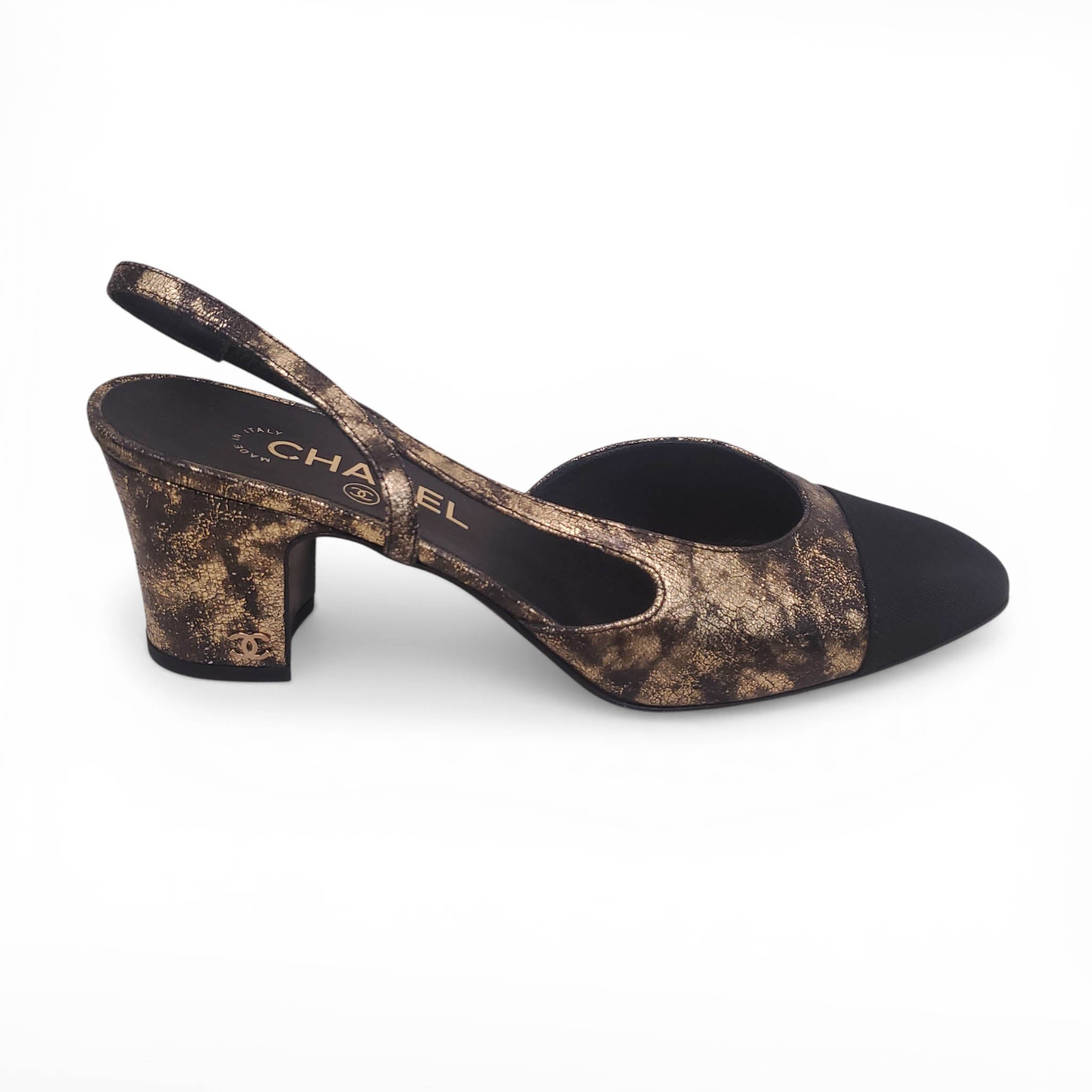 CHANEL GOLD AND BLACK METALLIC SLINGBACK BLOCK HEELS - SIZE 40