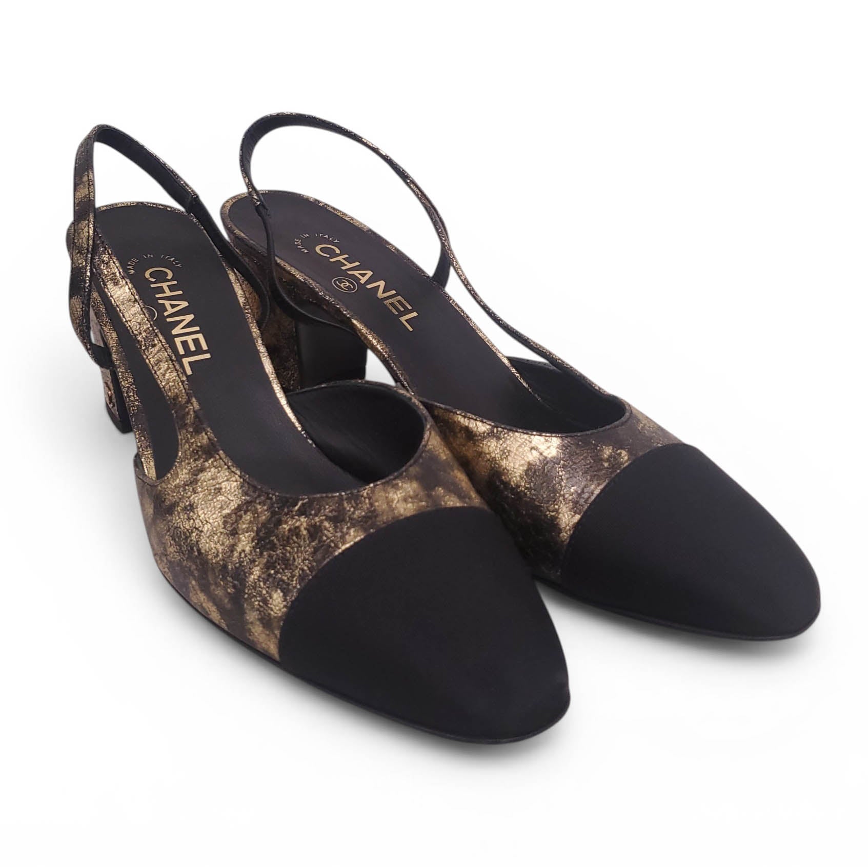 CHANEL GOLD AND BLACK METALLIC SLINGBACK BLOCK HEELS - SIZE 40