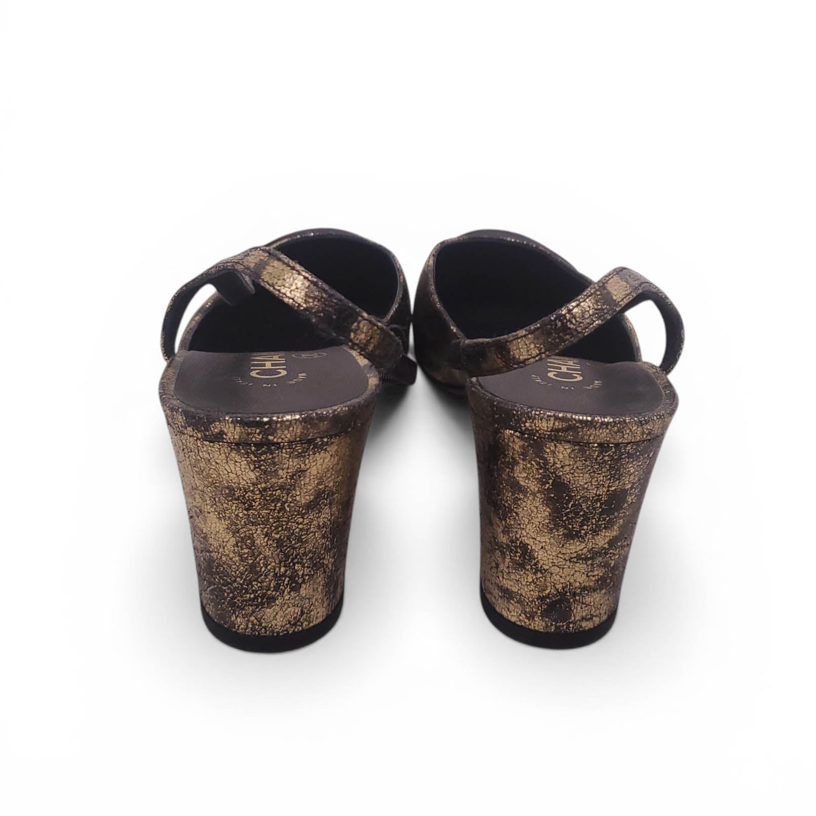 CHANEL GOLD AND BLACK METALLIC SLINGBACK BLOCK HEELS - SIZE 40