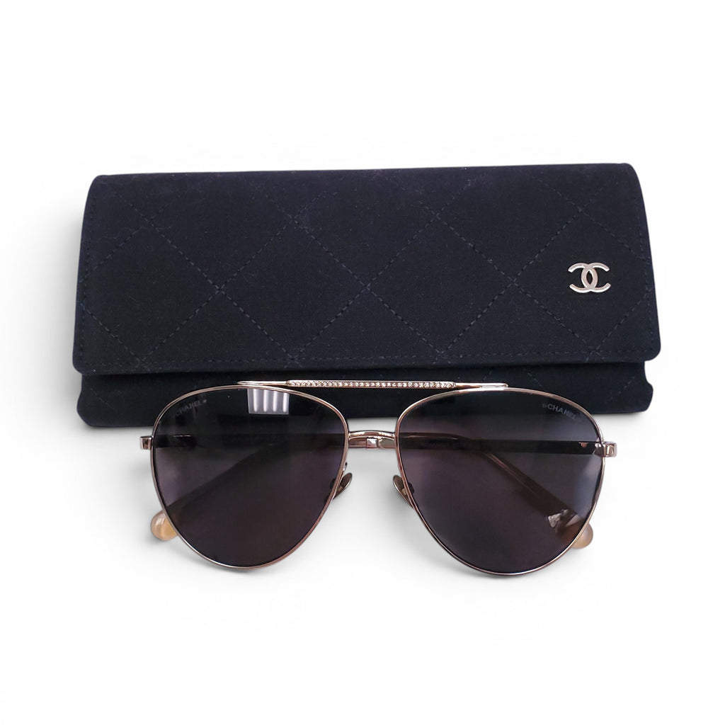 CHANEL GOLD AVIATOR SUNGLASSES WITH CRYSTAL DETAIL