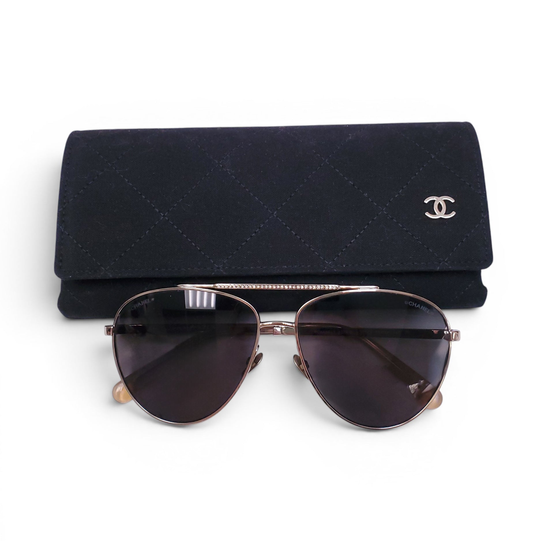 CHANEL GOLD AVIATOR SUNGLASSES WITH CRYSTAL DETAIL