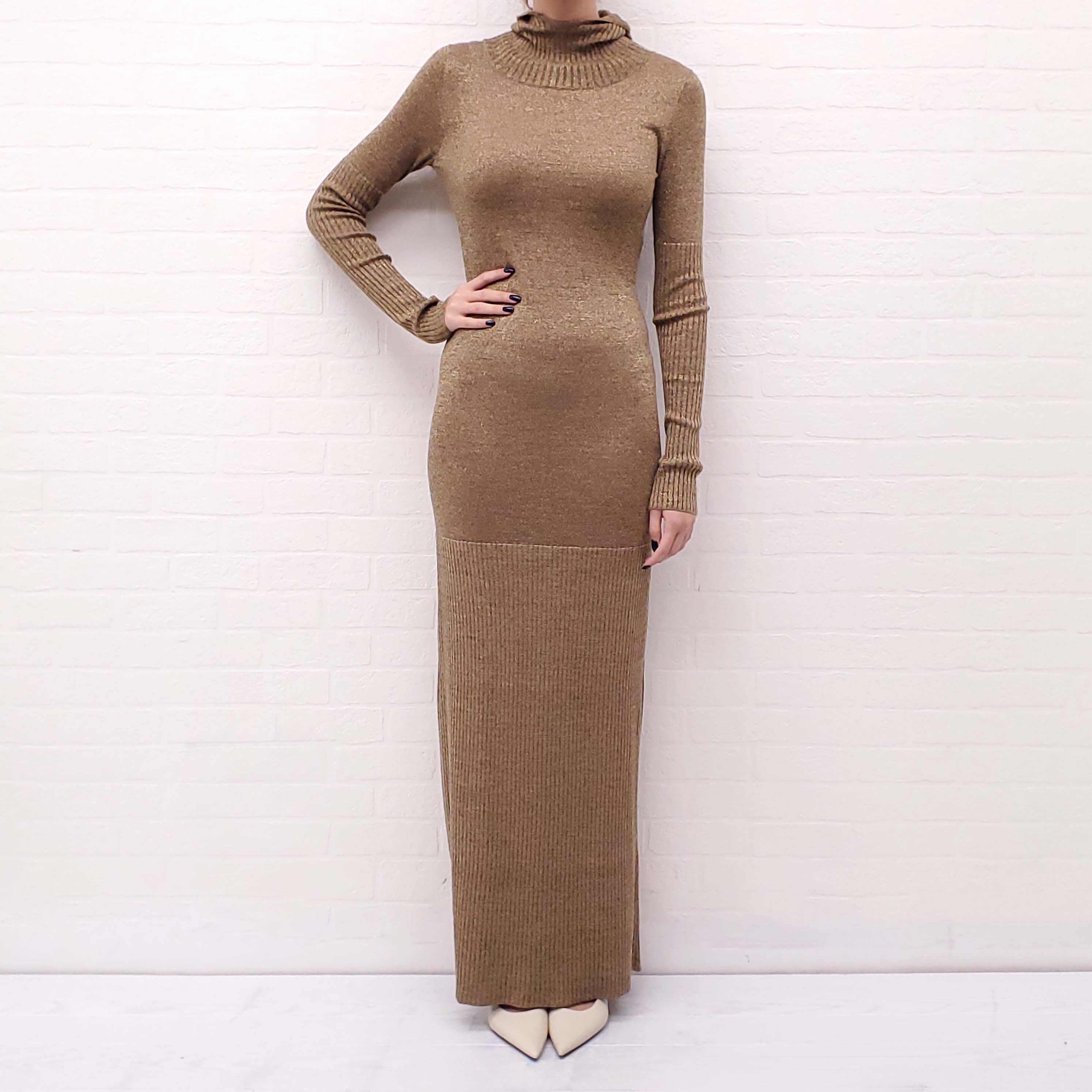 CHANEL GOLD METALLIC KNIT GOWN WITH HOOD - SIZE 36