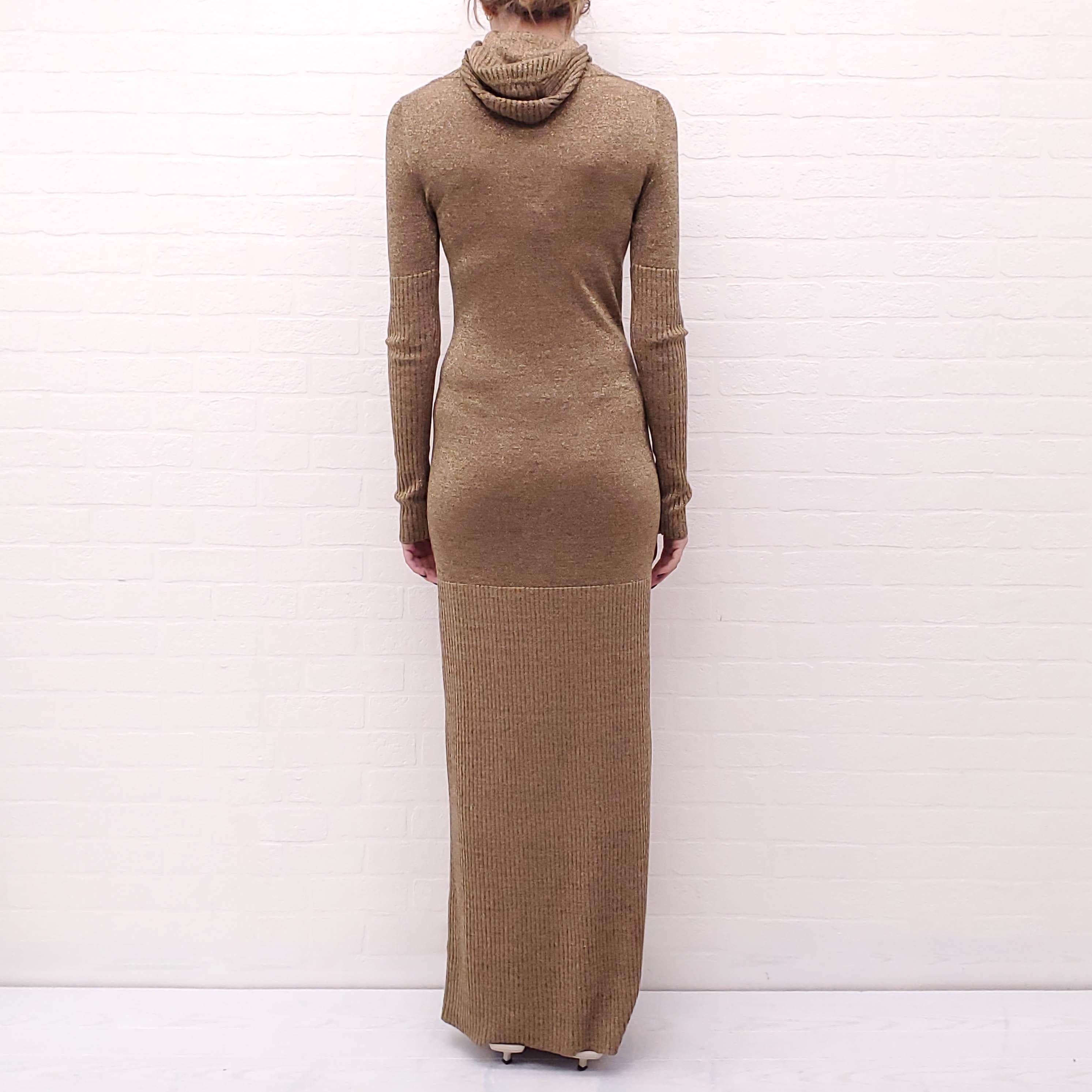 CHANEL GOLD METALLIC KNIT GOWN WITH HOOD - SIZE 36