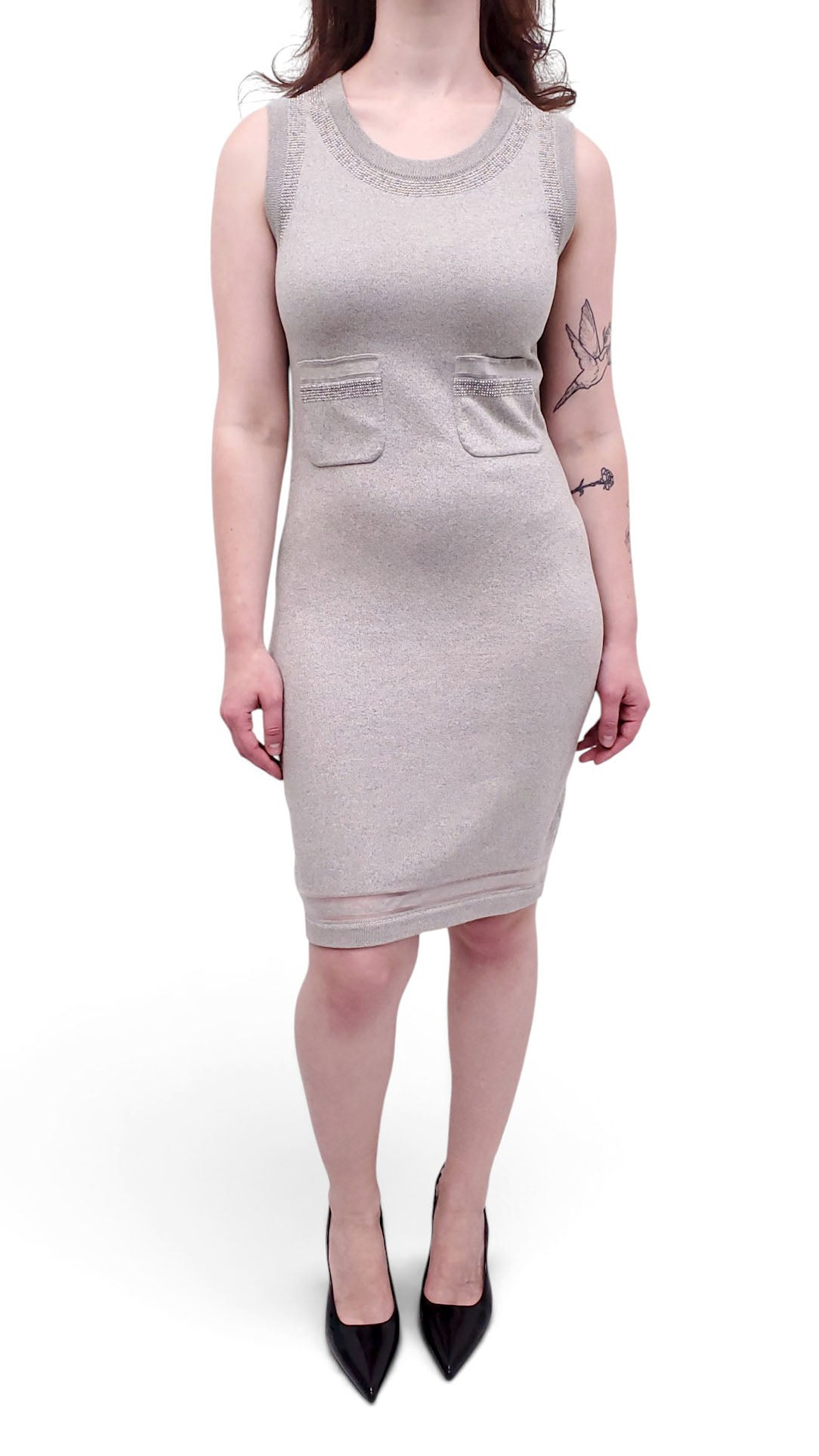 CHANEL GREY KNIT DRESS WITH BEADING DETAIL