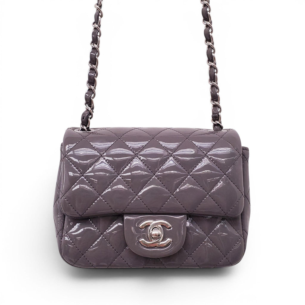 CHANEL GREY PATENT SQUARE FLAP BAG