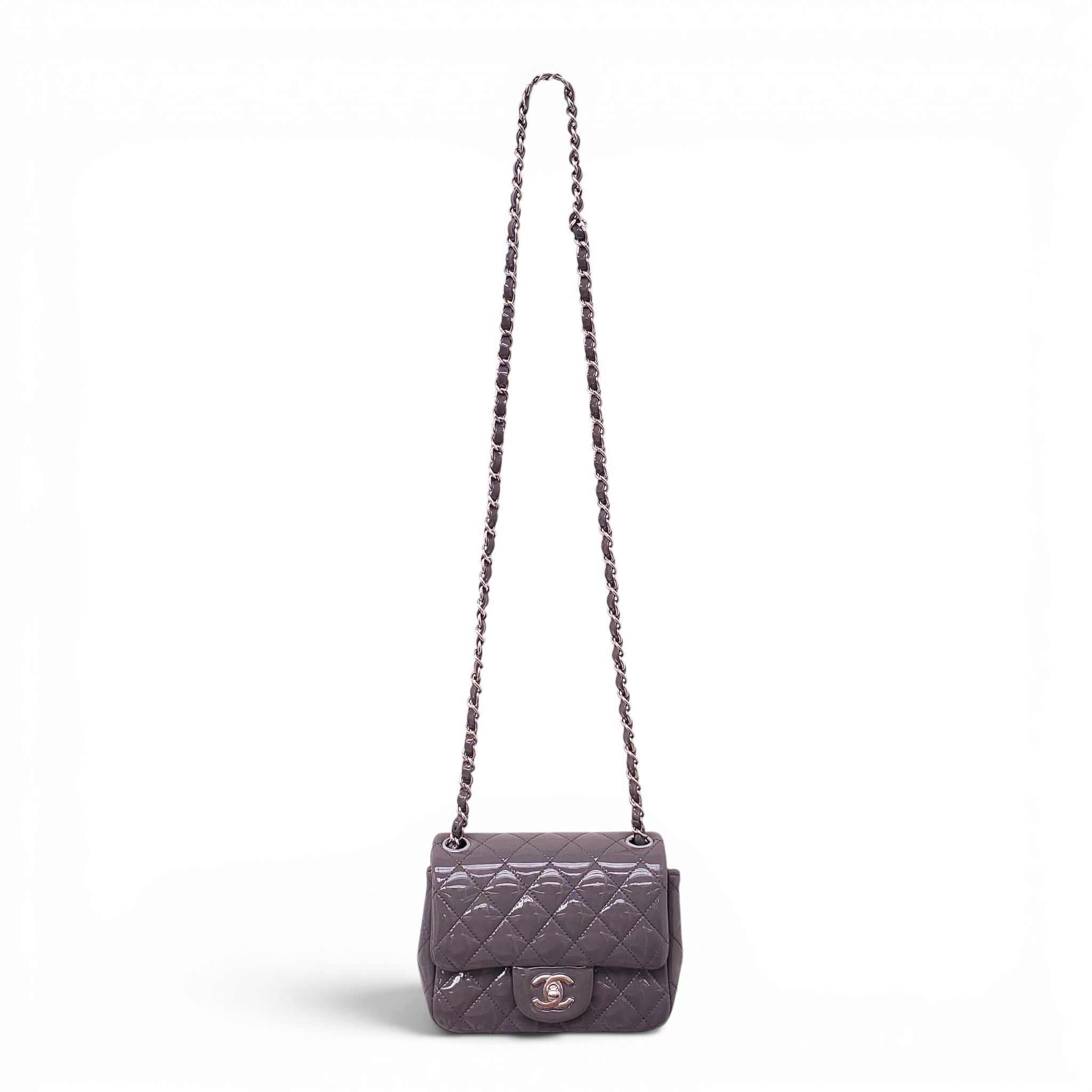 CHANEL GREY PATENT SQUARE FLAP BAG