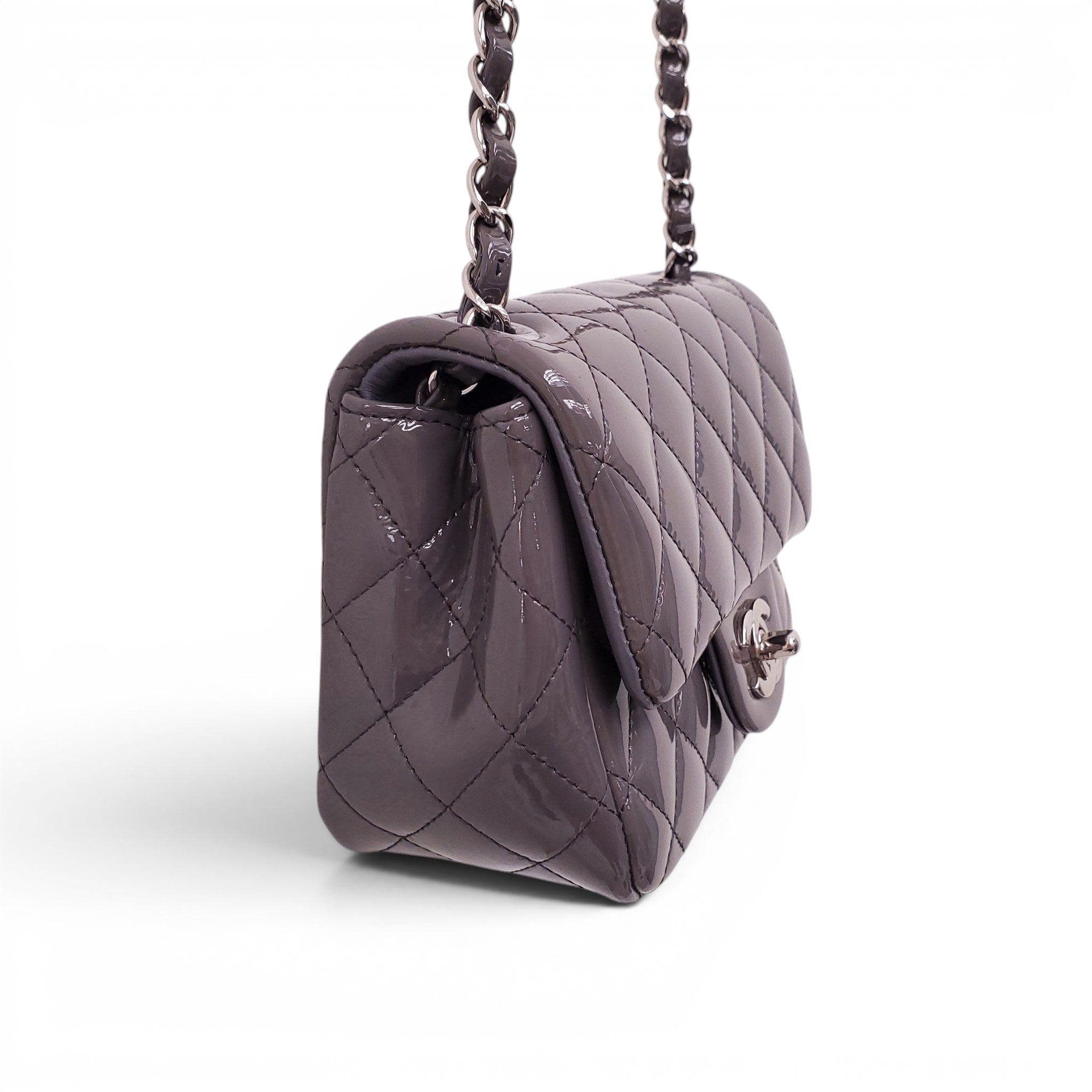 CHANEL GREY PATENT SQUARE FLAP BAG