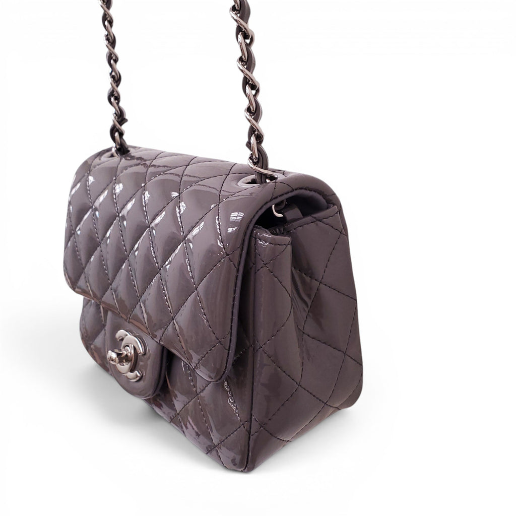 CHANEL GREY PATENT SQUARE FLAP BAG