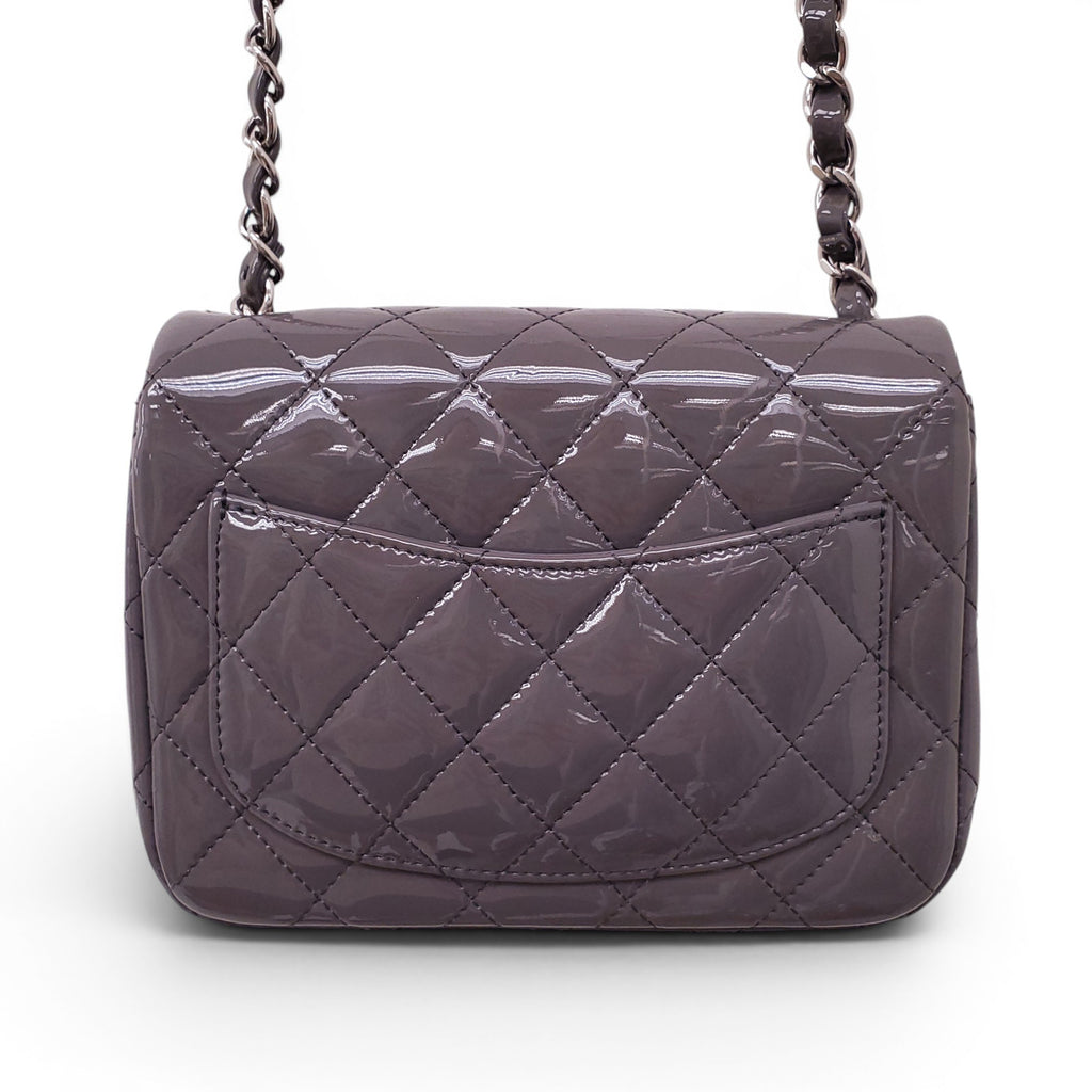 CHANEL GREY PATENT SQUARE FLAP BAG