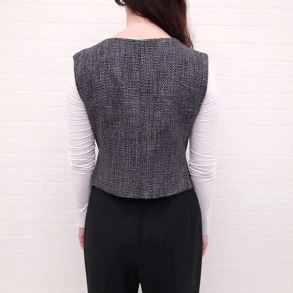 CHANEL GREY TWEED TANK TOP WITH LOGO BUTTONS - SIZE 42